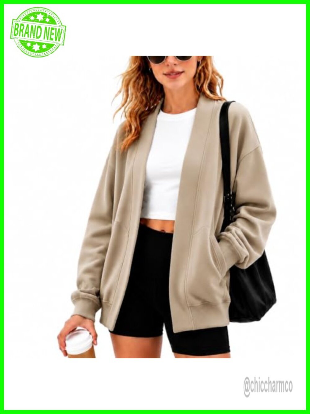 Oversized Cotton Blend Open Front Cardigan Sweatshirt Lightweight Pocket